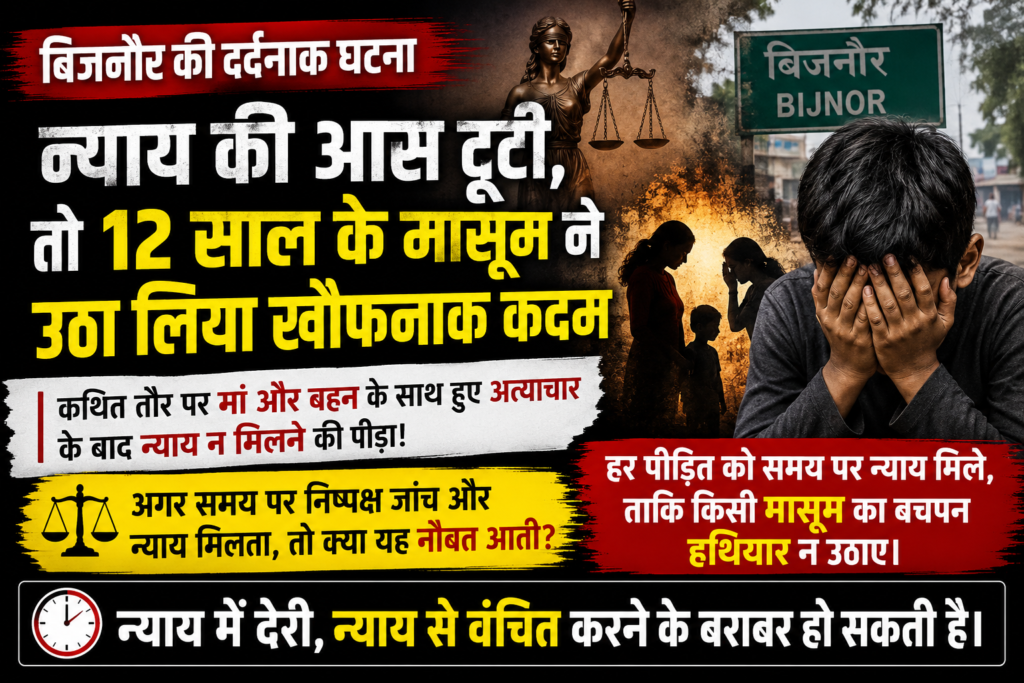 बिजनौर की दर्दनाक घटना: न्याय की आस टूटी, तो 12 साल के मासूम ने उठा लिया खौफनाक कदम बिजनौर की दर्दनाक घटना: न्याय की आस टूटी, तो 12 साल के मासूम ने उठा लिया खौफनाक कदम